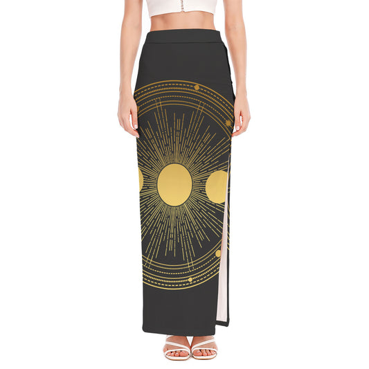 Sun And Moon Phase Print High Slit Maxi Skirt