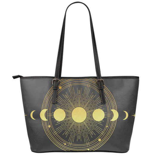 Sun And Moon Phase Print Leather Tote Bag