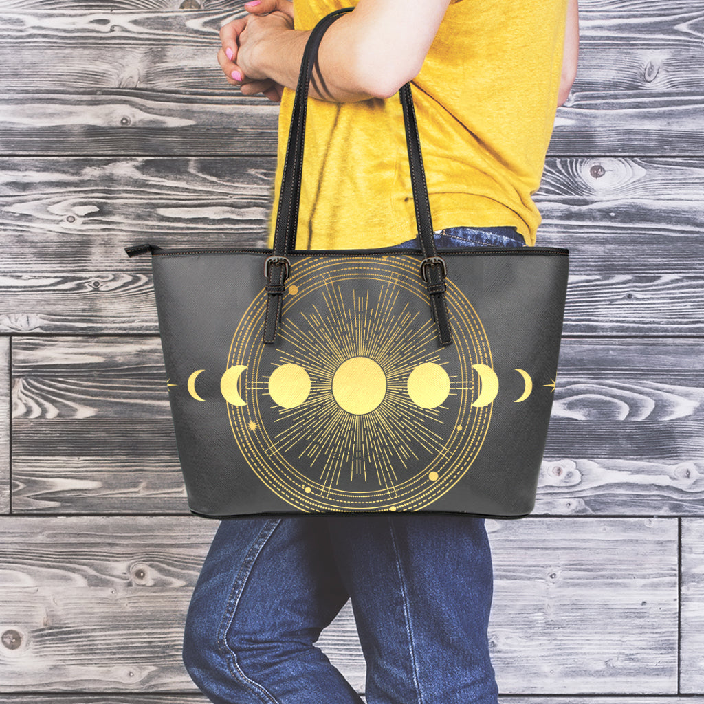 Sun And Moon Phase Print Leather Tote Bag