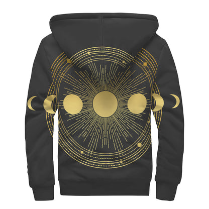 Sun And Moon Phase Print Sherpa Lined Zip Up Hoodie