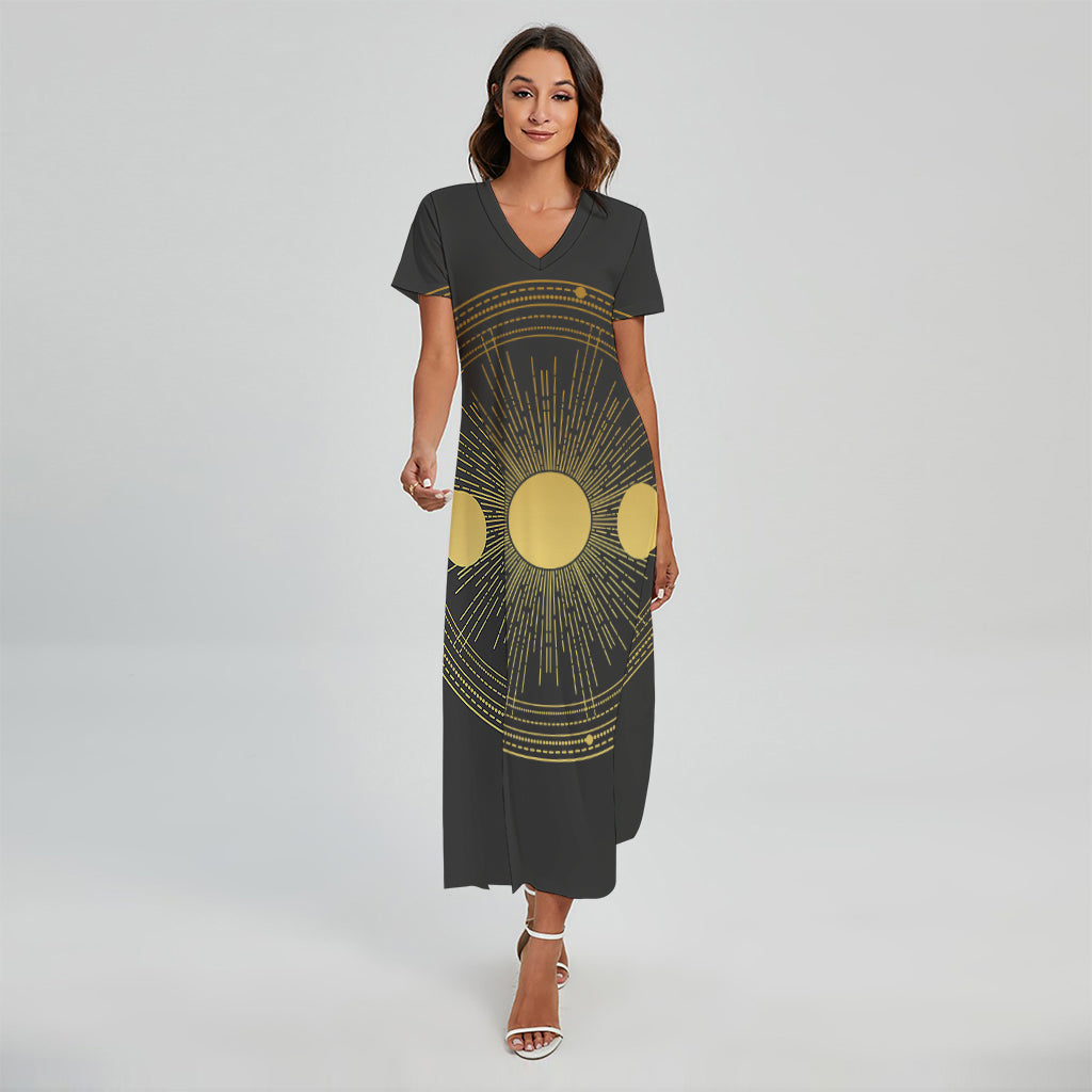 Sun And Moon Phase Print Short Sleeve Maxi Dress