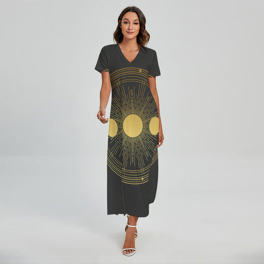 Sun And Moon Phase Print Short Sleeve Maxi Dress