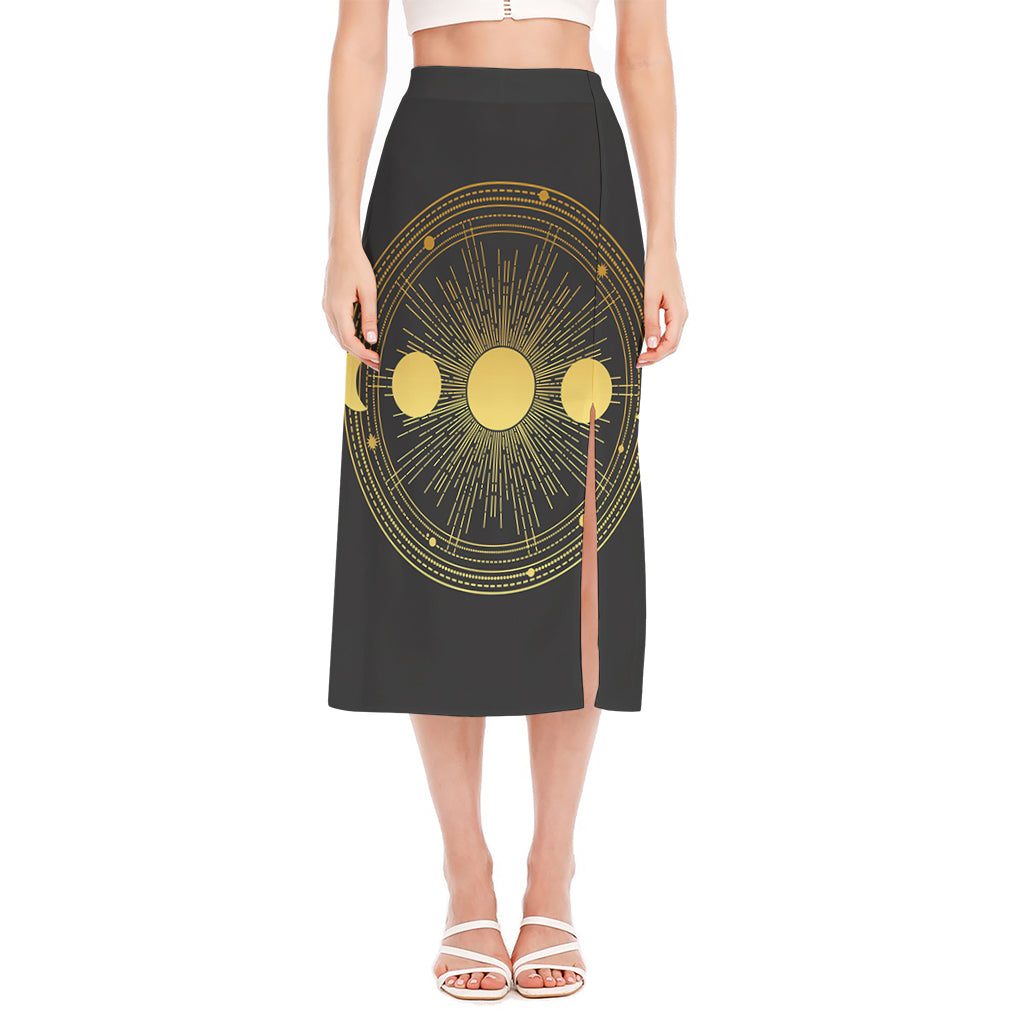 Sun And Moon Phase Print Side Slit Midi Skirt