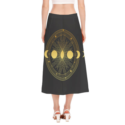 Sun And Moon Phase Print Side Slit Midi Skirt