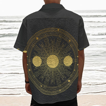 Sun And Moon Phase Print Textured Short Sleeve Shirt