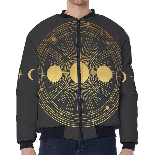 Sun And Moon Phase Print Zip Sleeve Bomber Jacket