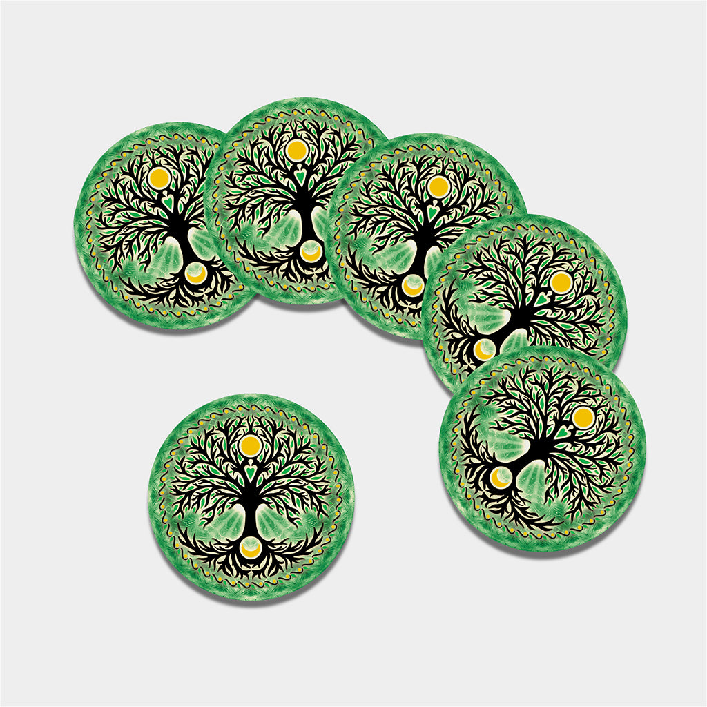 Sun And Moon Yggdrasil Print Leather Coaster Set