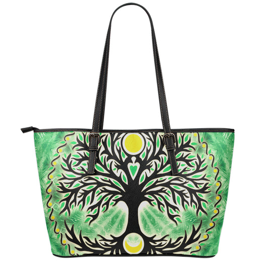 Sun And Moon Yggdrasil Print Leather Tote Bag