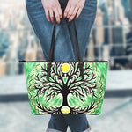 Sun And Moon Yggdrasil Print Leather Tote Bag