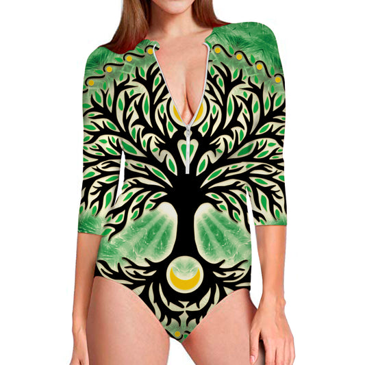Sun And Moon Yggdrasil Print Long Sleeve Swimsuit