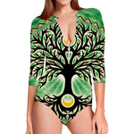 Sun And Moon Yggdrasil Print Long Sleeve Swimsuit