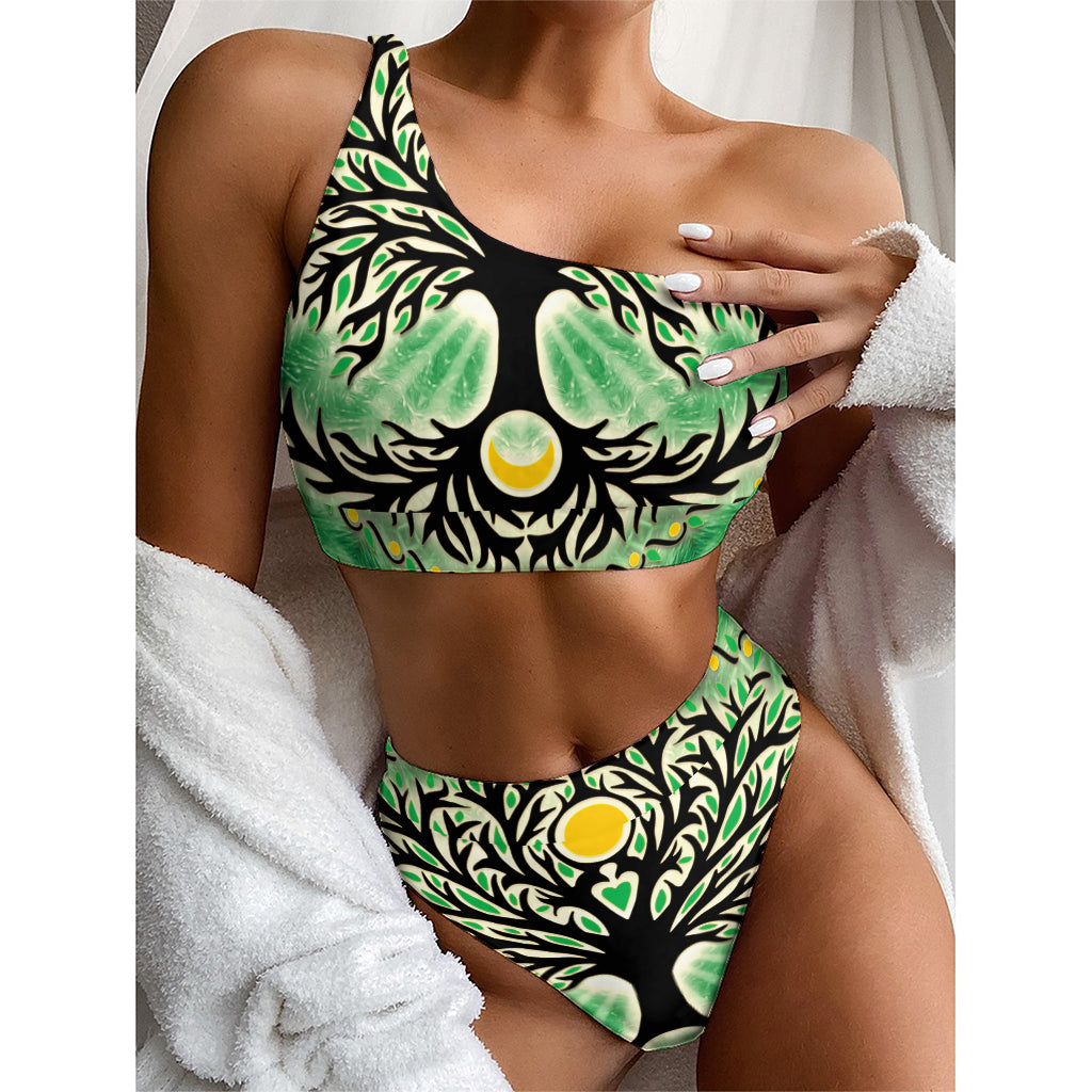 Sun And Moon Yggdrasil Print One Shoulder Bikini Top