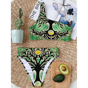 Sun And Moon Yggdrasil Print One Shoulder Bikini Top