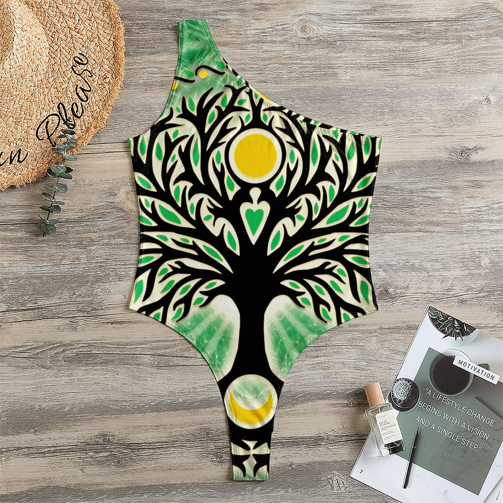 Sun And Moon Yggdrasil Print One Shoulder Bodysuit