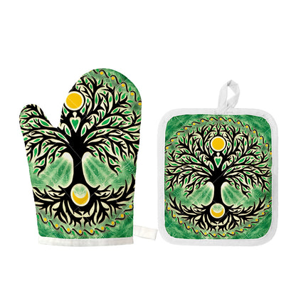 Sun And Moon Yggdrasil Print Oven Mitt And Pot Holder Set