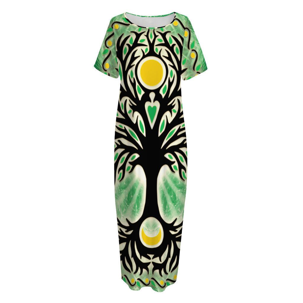 Sun And Moon Yggdrasil Print Short Sleeve Long Nightdress