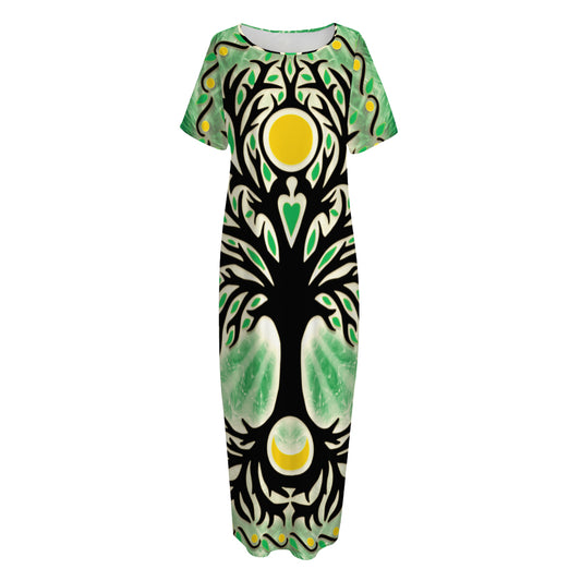 Sun And Moon Yggdrasil Print Short Sleeve Long Nightdress