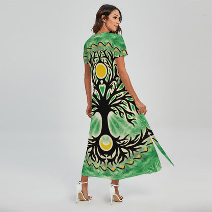 Sun And Moon Yggdrasil Print Short Sleeve Maxi Dress