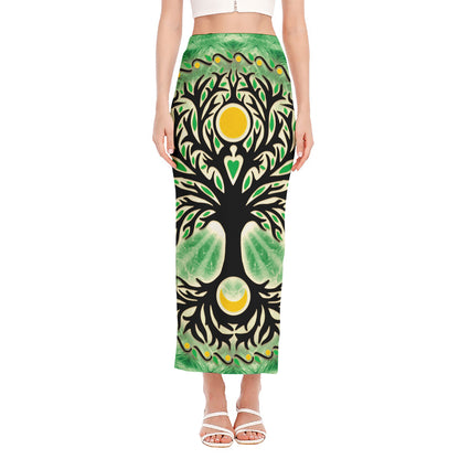 Sun And Moon Yggdrasil Print Side Slit Maxi Skirt