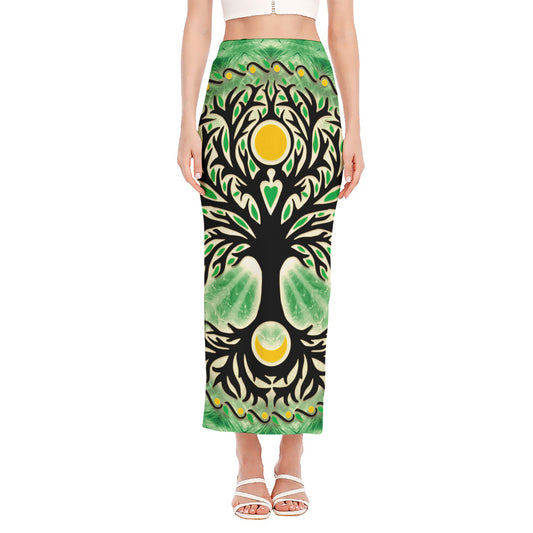Sun And Moon Yggdrasil Print Side Slit Maxi Skirt