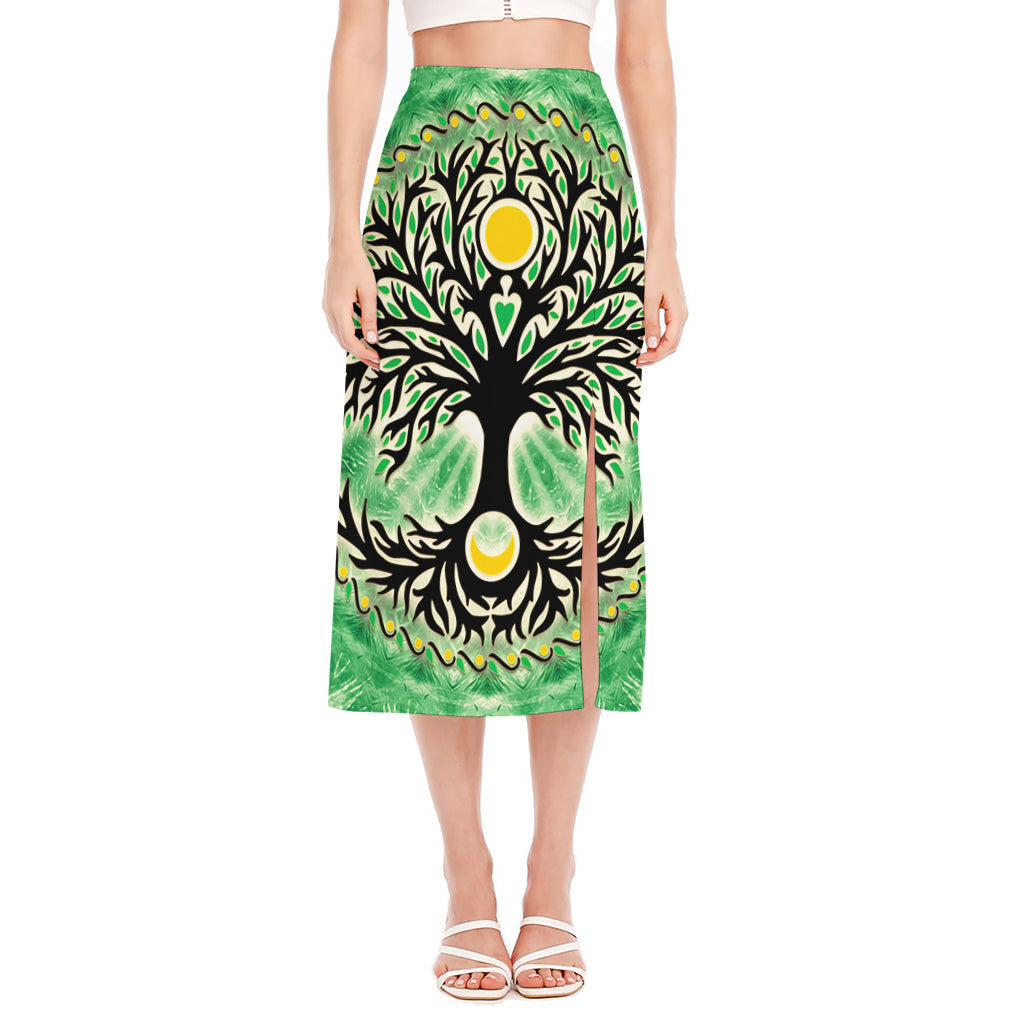 Sun And Moon Yggdrasil Print Side Slit Midi Skirt
