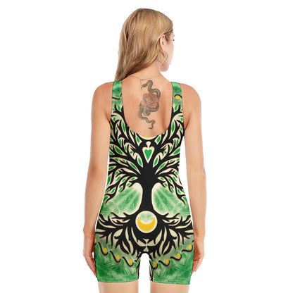Sun And Moon Yggdrasil Print Sleeveless One Piece Swimsuit