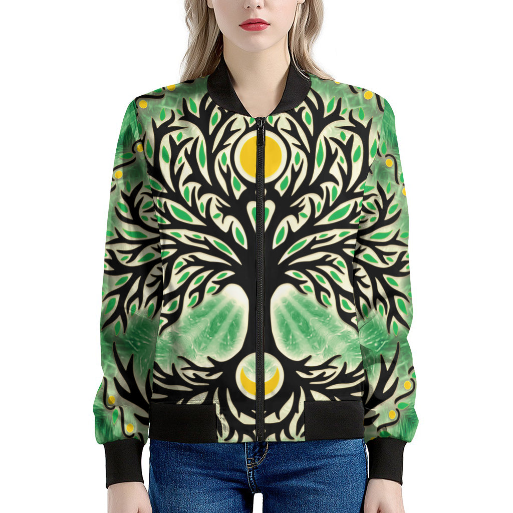 Sun And Moon Yggdrasil Print Women's Bomber Jacket