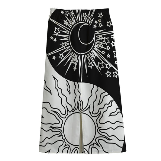 Sun And Moon Yin Yang Print Cotton Front Slit Maxi Skirt