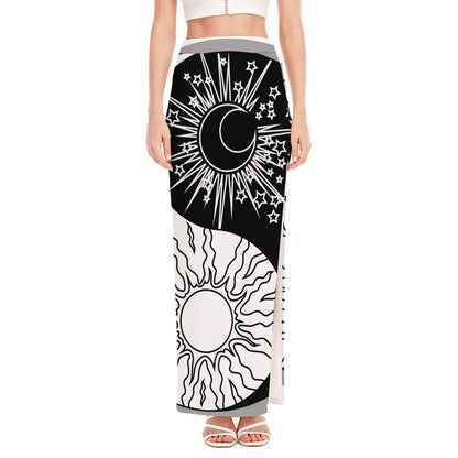 Sun And Moon Yin Yang Print High Slit Maxi Skirt