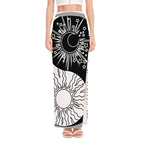 Sun And Moon Yin Yang Print High Slit Maxi Skirt