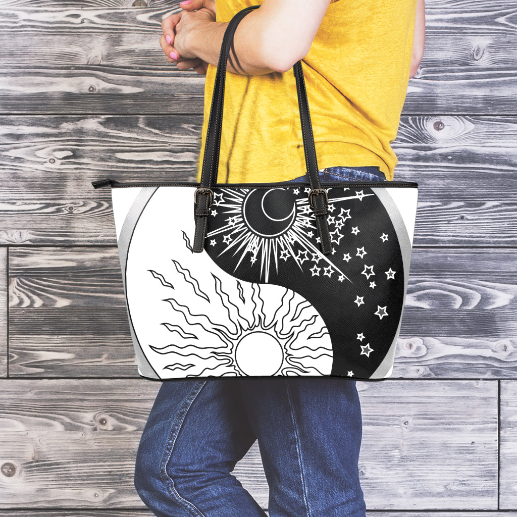 Sun And Moon Yin Yang Print Leather Tote Bag