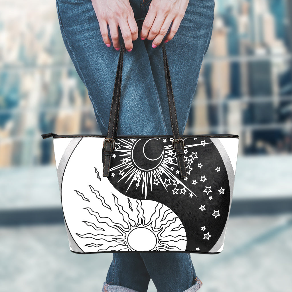 Sun And Moon Yin Yang Print Leather Tote Bag