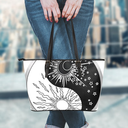 Sun And Moon Yin Yang Print Leather Tote Bag