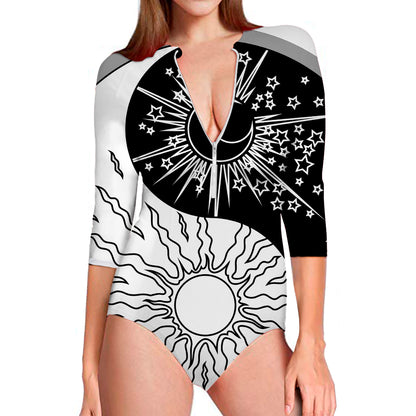 Sun And Moon Yin Yang Print Long Sleeve Swimsuit
