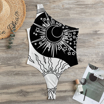 Sun And Moon Yin Yang Print One Shoulder Bodysuit