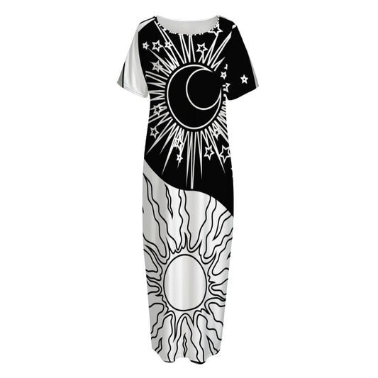 Sun And Moon Yin Yang Print Short Sleeve Long Nightdress