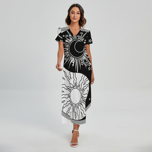 Sun And Moon Yin Yang Print Short Sleeve Maxi Dress