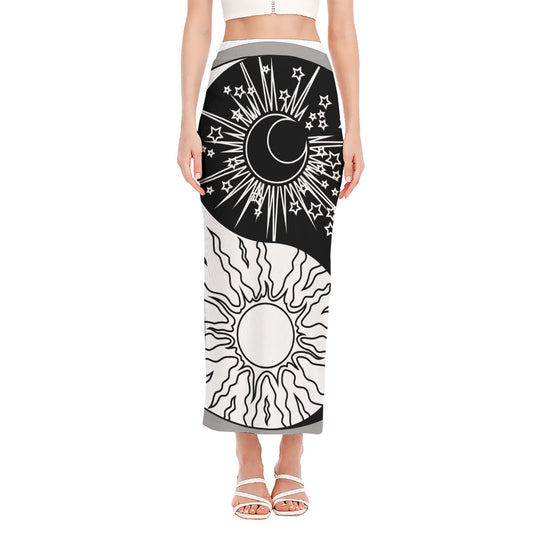 Sun And Moon Yin Yang Print Side Slit Maxi Skirt