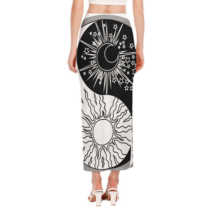 Sun And Moon Yin Yang Print Side Slit Maxi Skirt