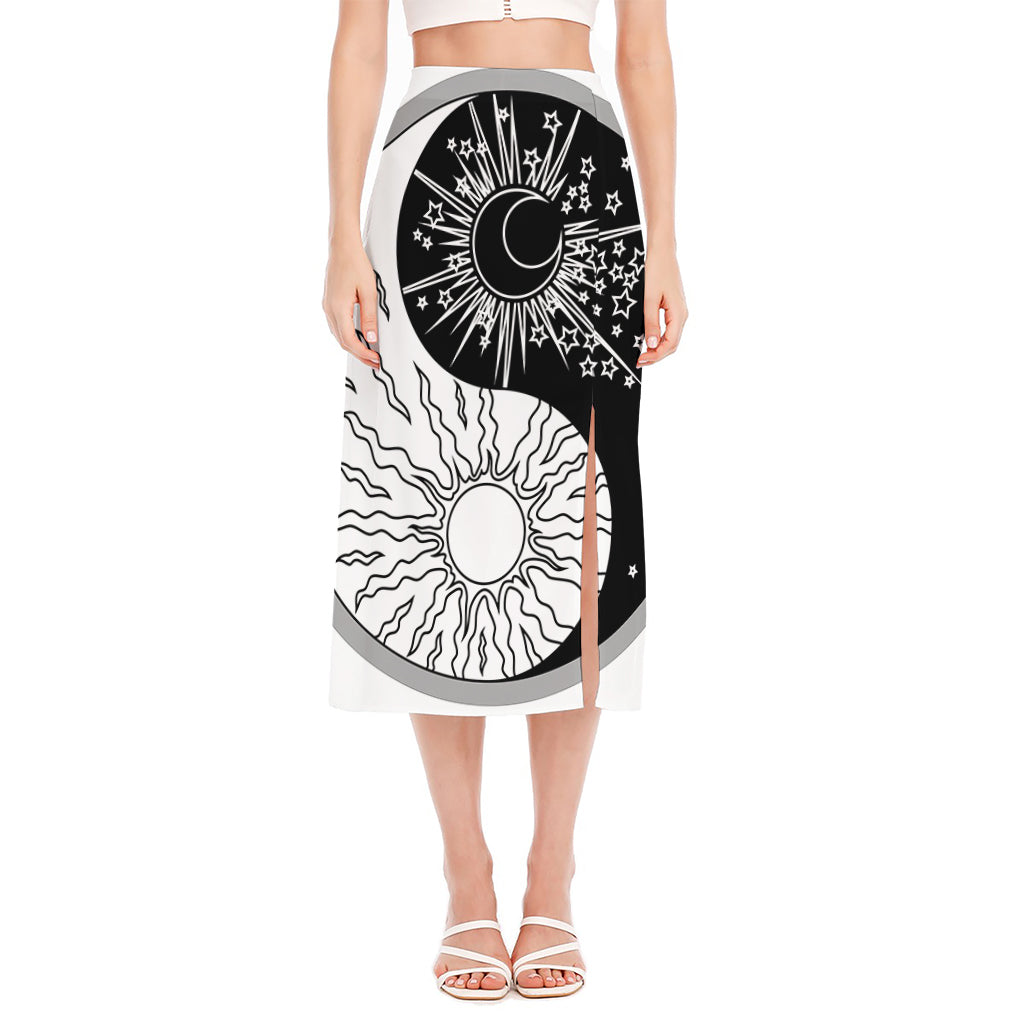 Sun And Moon Yin Yang Print Side Slit Midi Skirt