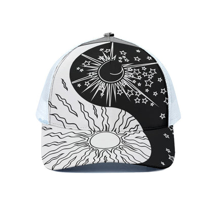 Sun And Moon Yin Yang Print White Mesh Trucker Cap
