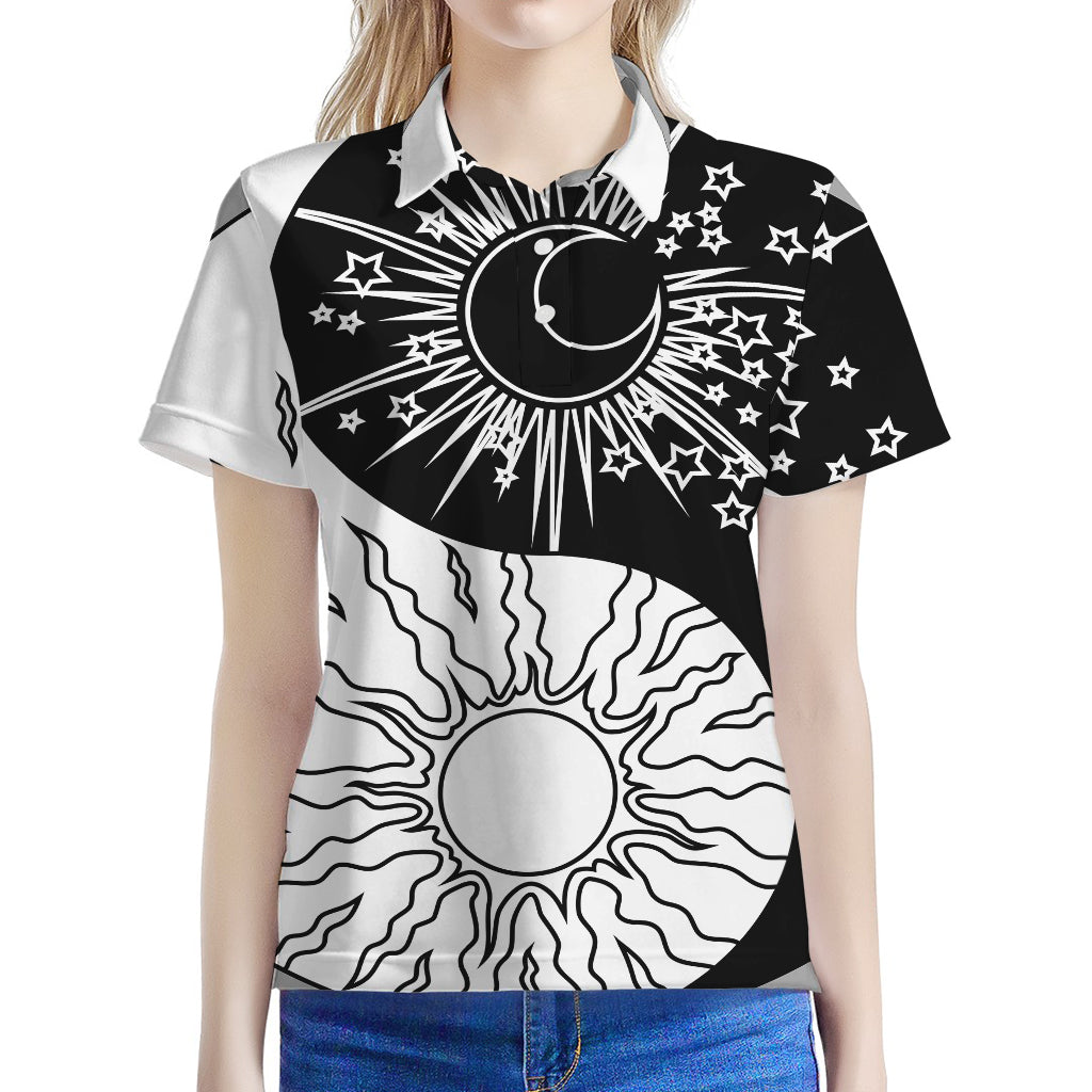Sun And Moon Yin Yang Print Women's Polo Shirt