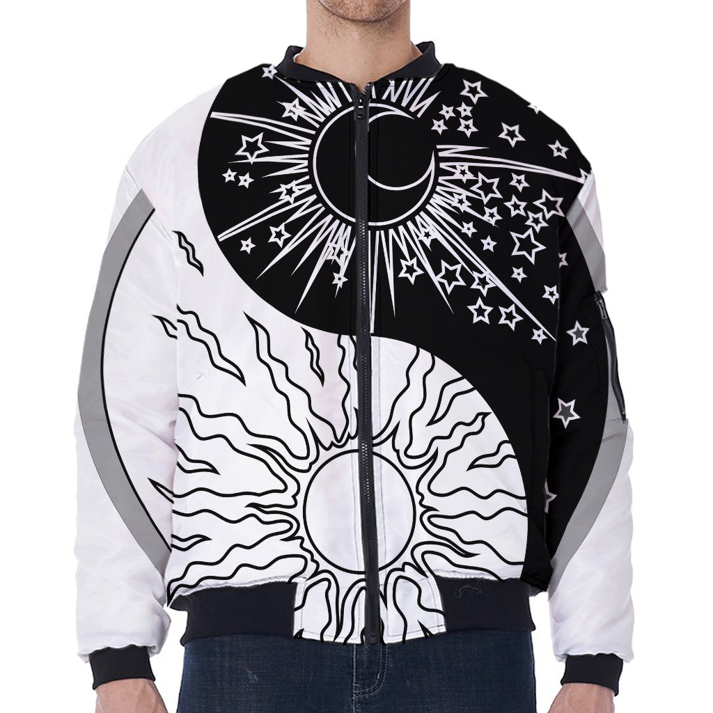 Sun And Moon Yin Yang Print Zip Sleeve Bomber Jacket