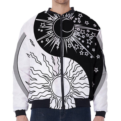Sun And Moon Yin Yang Print Zip Sleeve Bomber Jacket