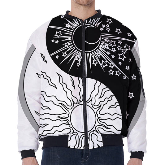 Sun And Moon Yin Yang Print Zip Sleeve Bomber Jacket