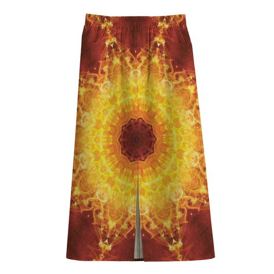 Sun Fire Kaleidoscope Print Cotton Front Slit Maxi Skirt