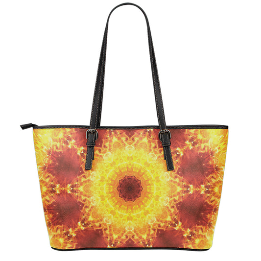 Sun Fire Kaleidoscope Print Leather Tote Bag