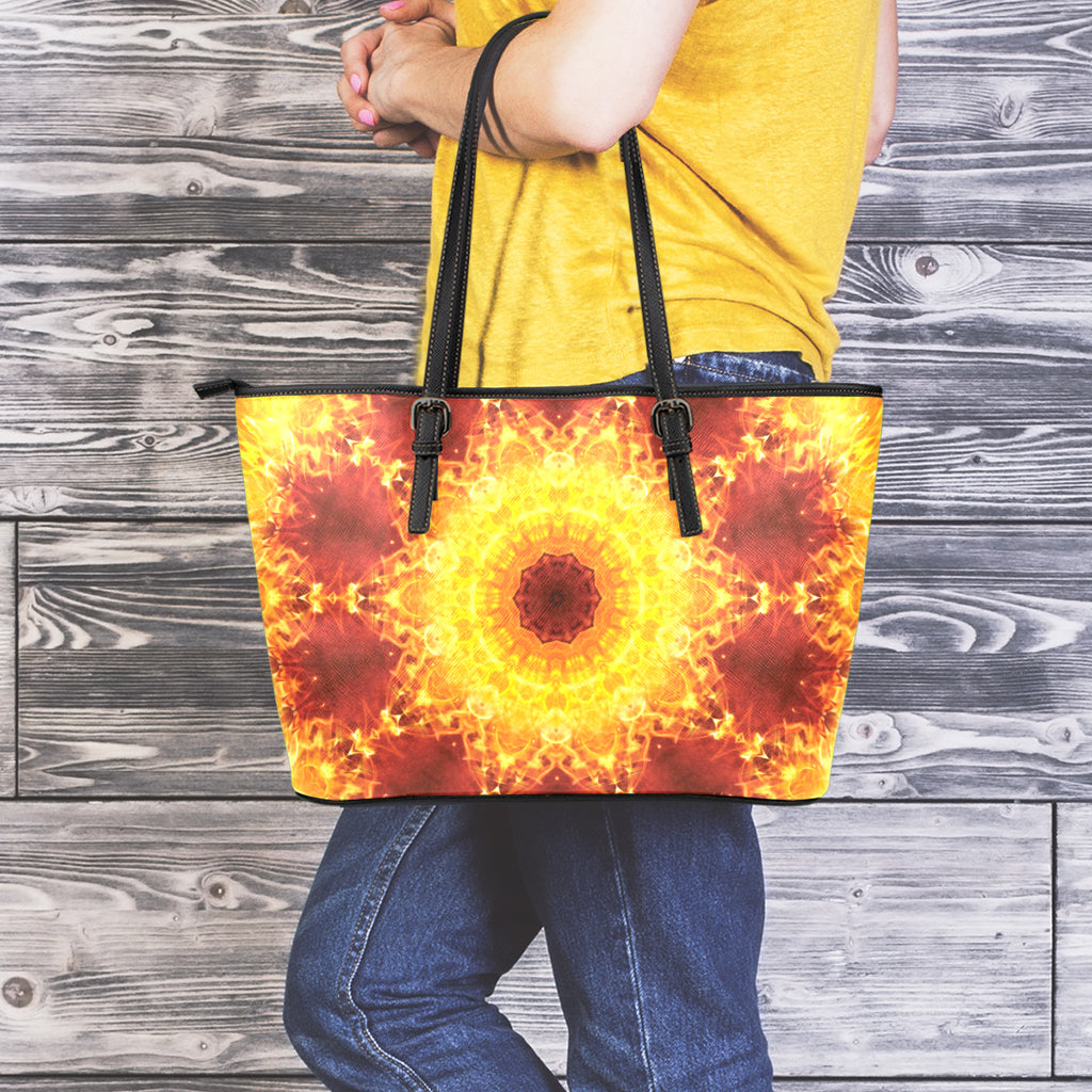 Sun Fire Kaleidoscope Print Leather Tote Bag