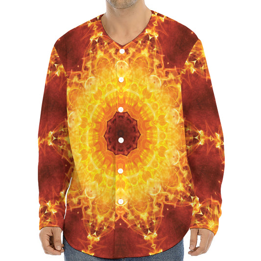 Sun Fire Kaleidoscope Print Long Sleeve Baseball Jersey