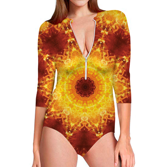 Sun Fire Kaleidoscope Print Long Sleeve Swimsuit